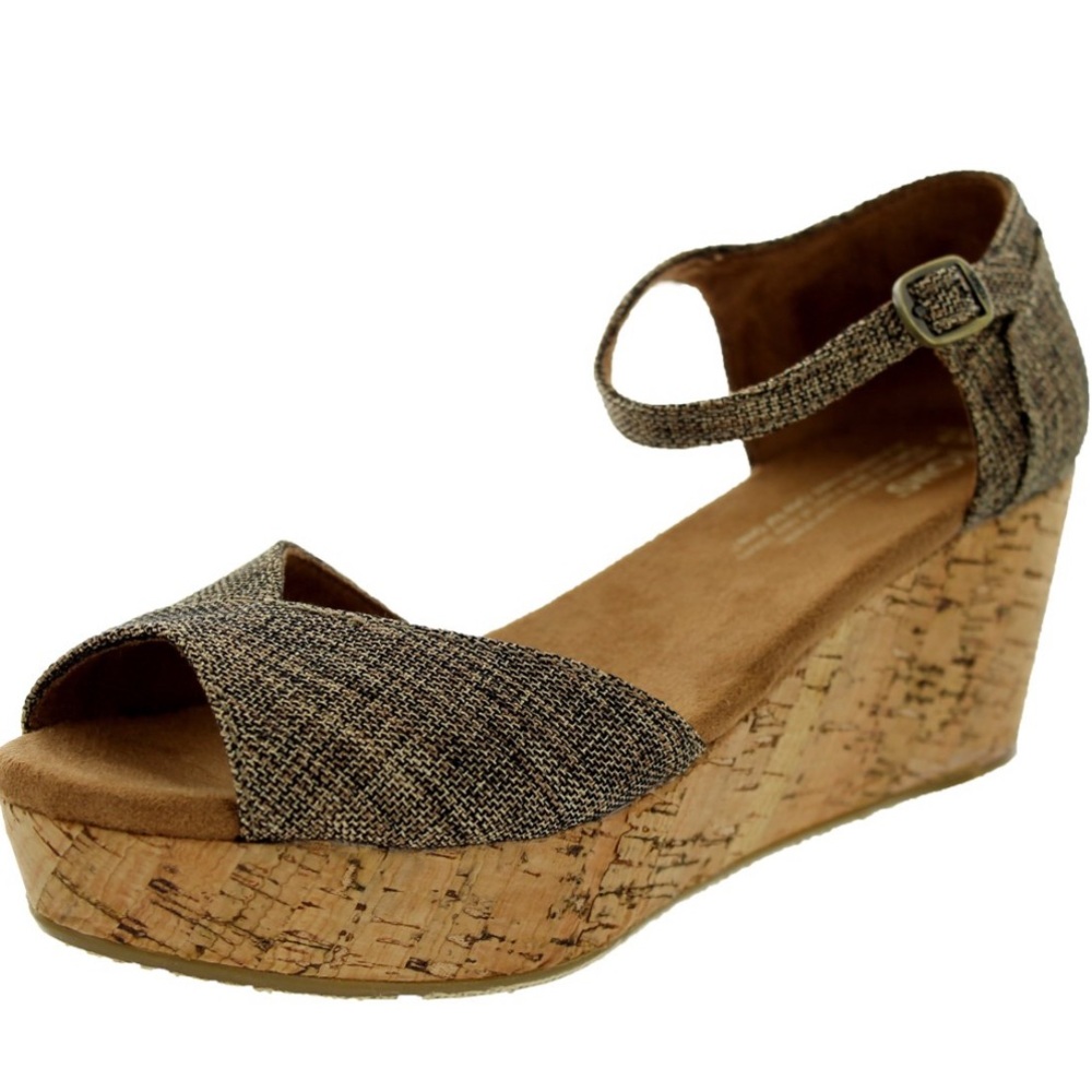 TOMS Metallic Burlap Woven Upper Brown Open Toe Cork Wedge Platform Sandals